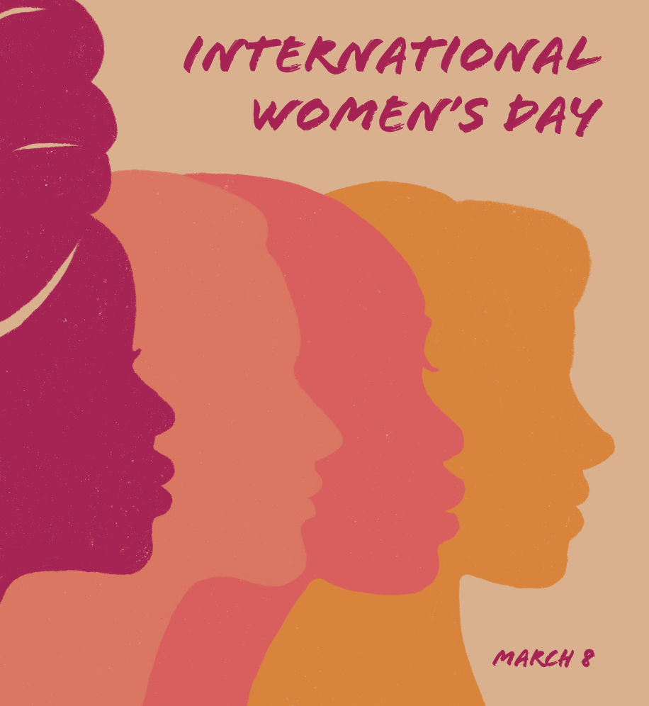 Illustrated silhouettes of women's faces. Text: International Women's Day. March 8.