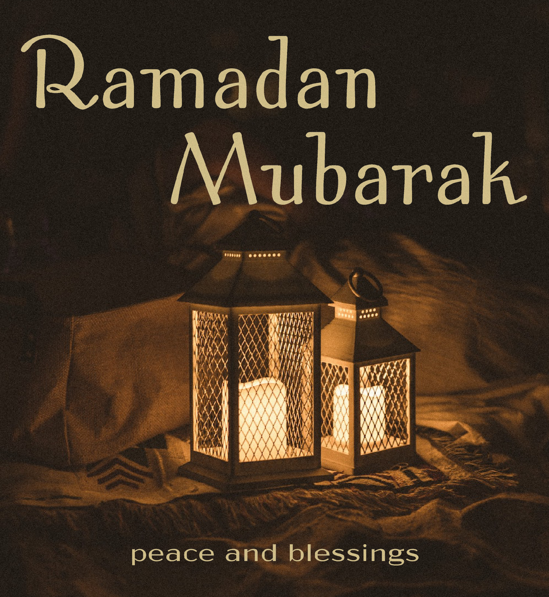 Illuminated lanterns. Text: Ramadan Mubarak. Peace and blessings.