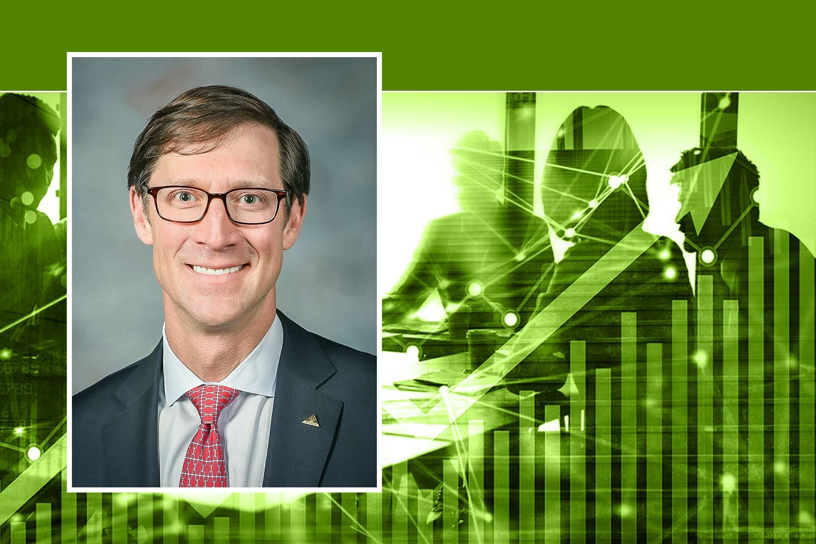 Photo of Alan McKnight and abstract stock market chart background