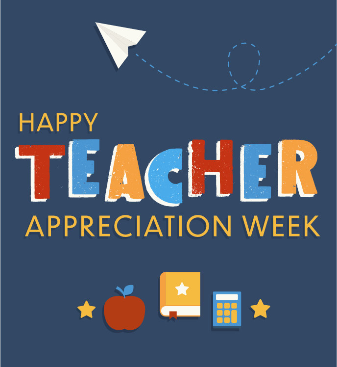 Illustrations of school items. Text: Happy Teacher Appreciation Week.