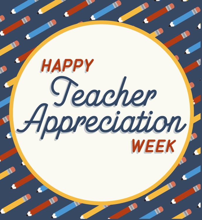Illustration of pencils that creates a pattern with overlay that reads "Happy Teacher Appreciation Week".