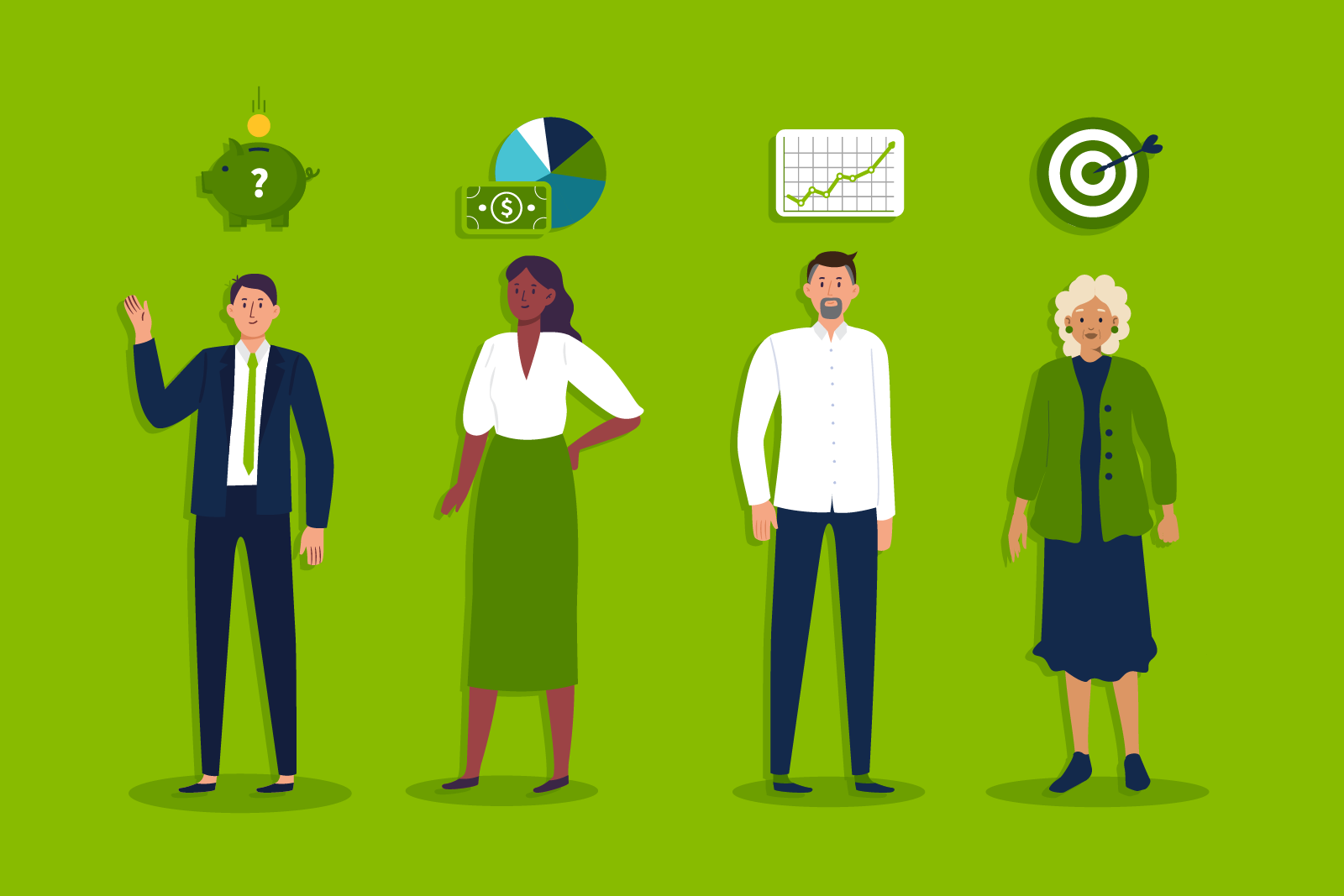 illustration of 4 people from different generations with icons above...