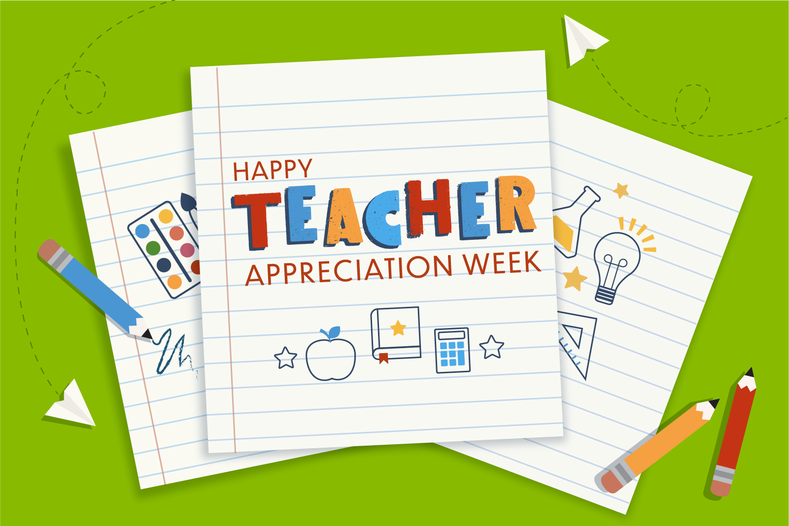 illustration of pieces of notebook paper scattered with educational drawings...