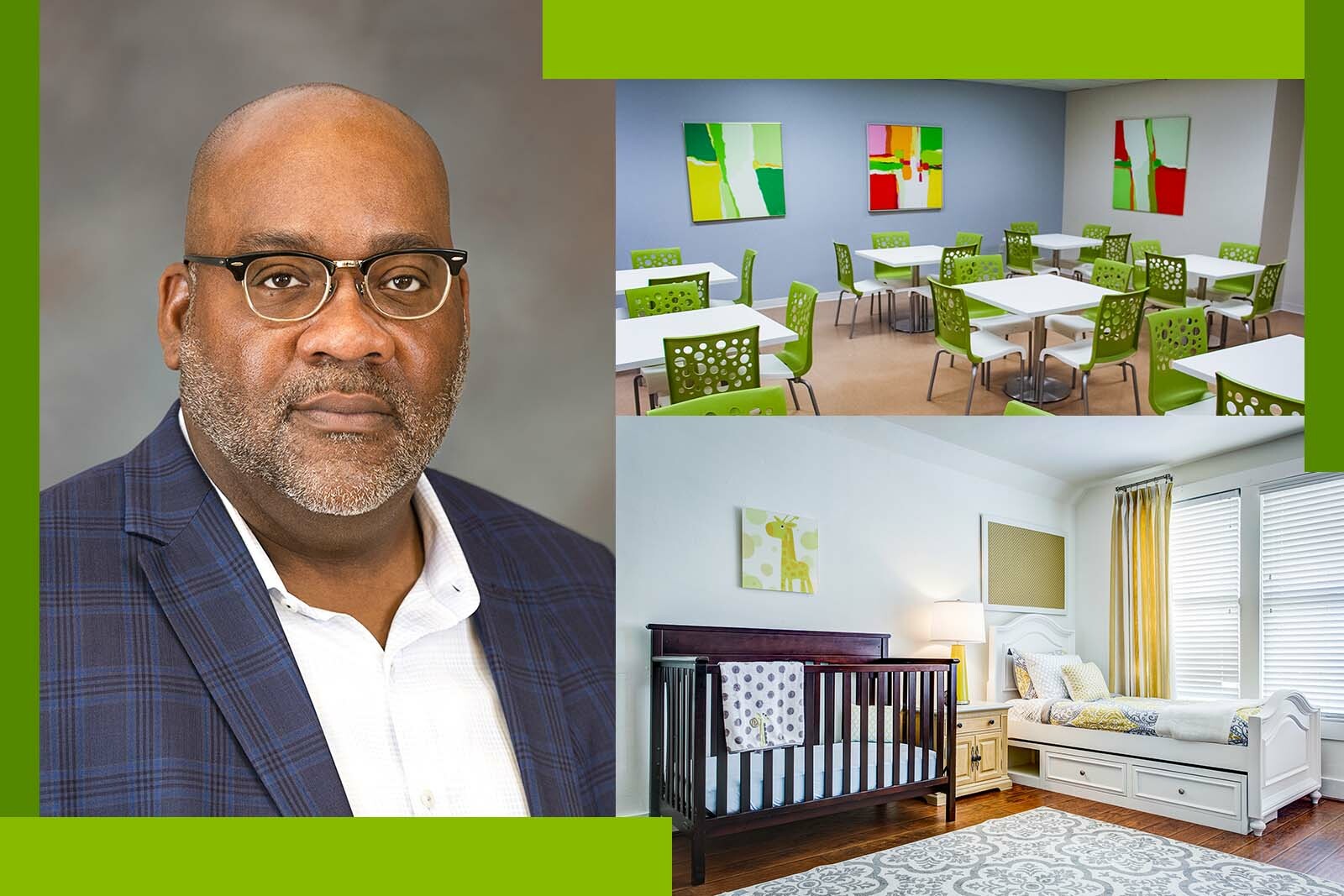 headshot of Tyrus Sanders and photos of Promise House