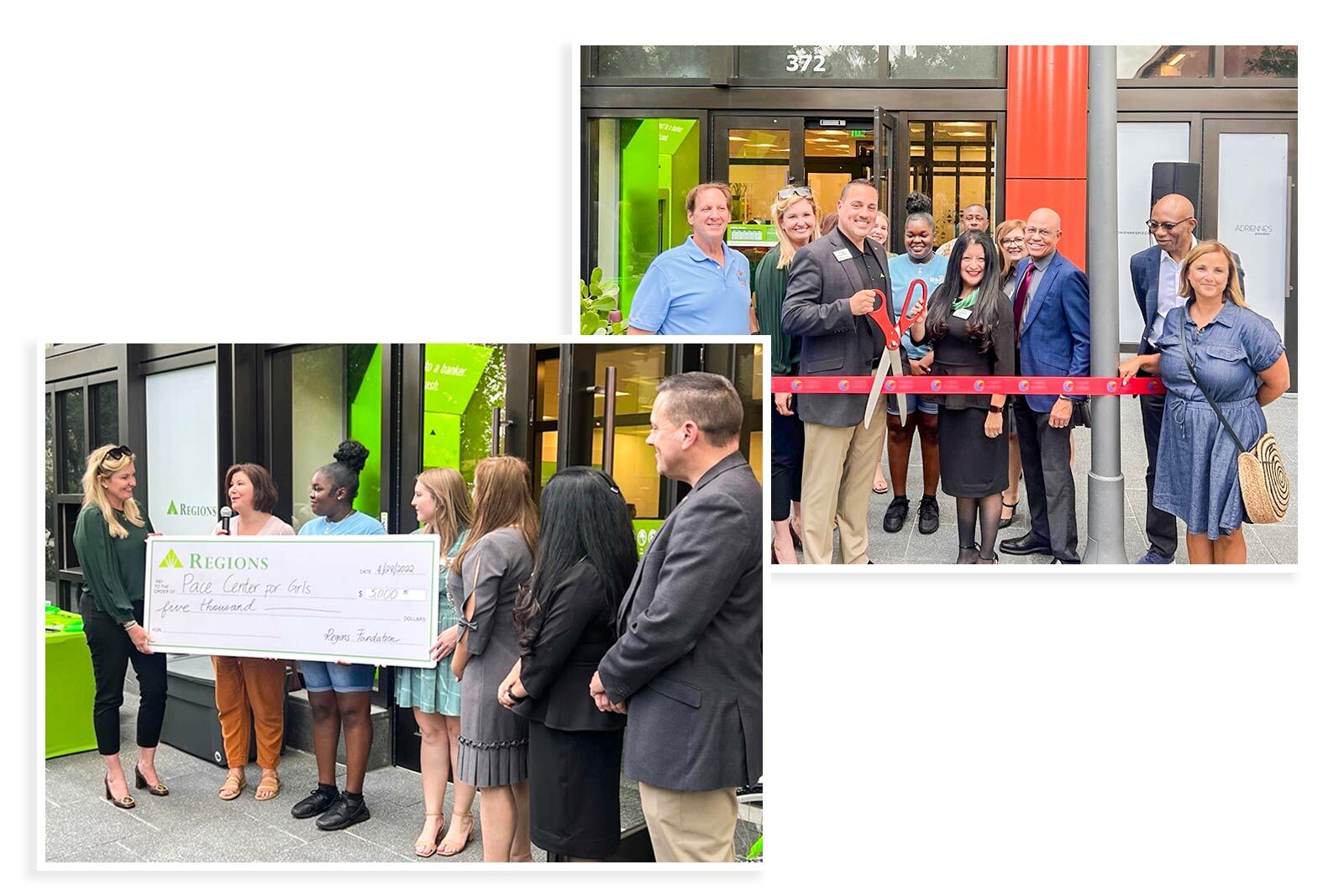 photos of check presentation and ribbon cutting