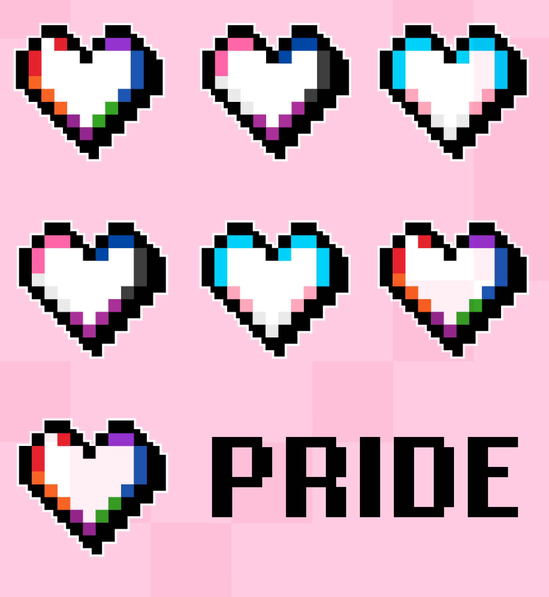 Pixelated hearts representing pride flags. Text: Pride.