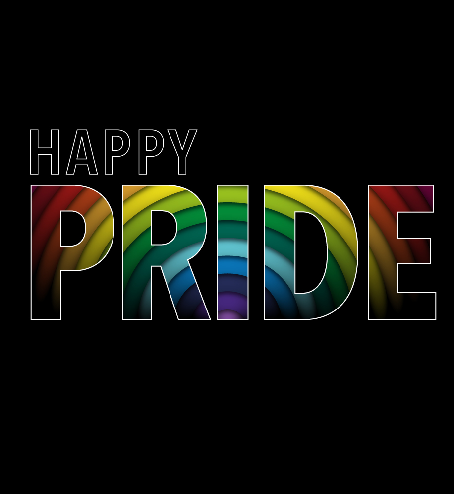 Happy Pride ecard graphic ("Pride" is cut out to reveal a rainbow).