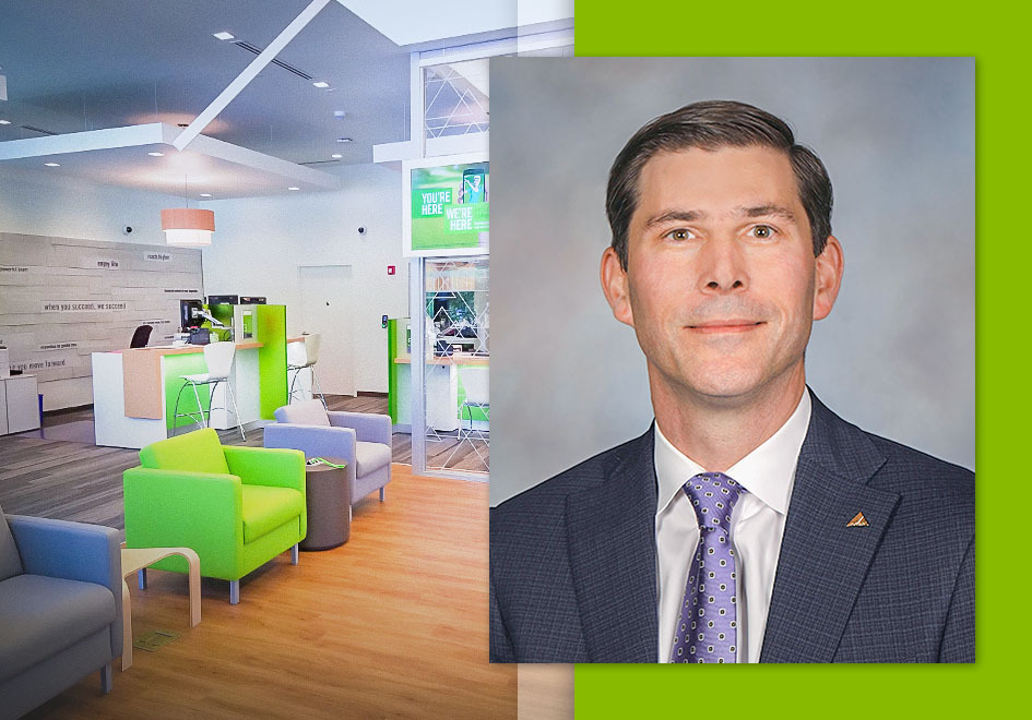 Headshot of John Brown and photo of interior of Regions...