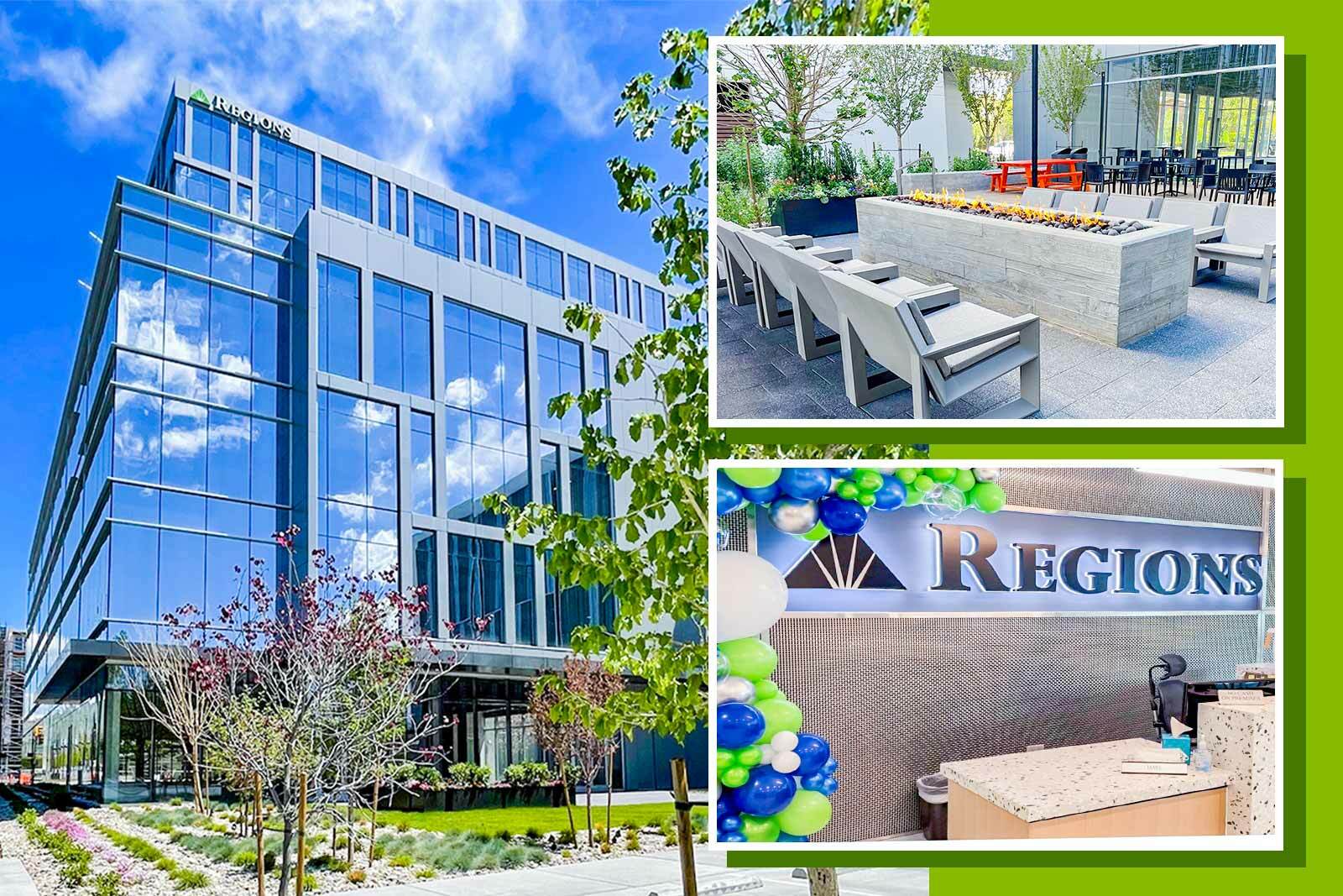 Photo of regions EnerBank office exterior, lobby, and fire-pit area