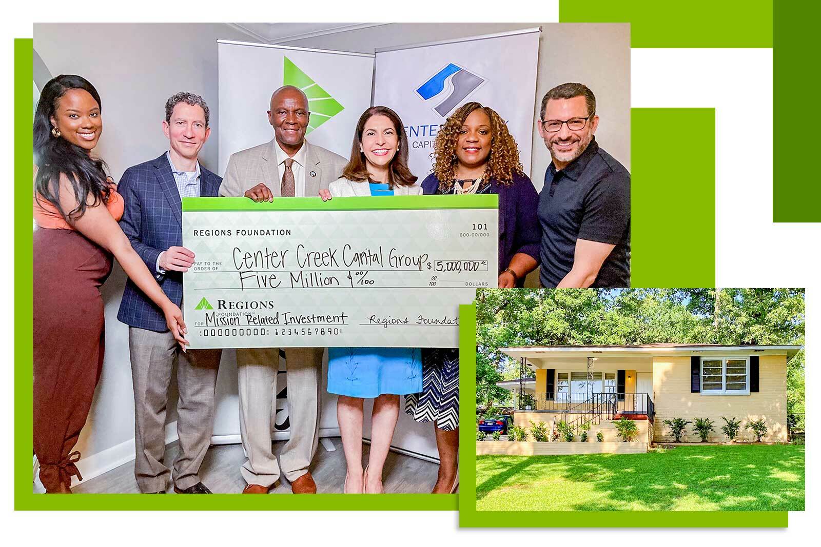 photos of check presentation and home
