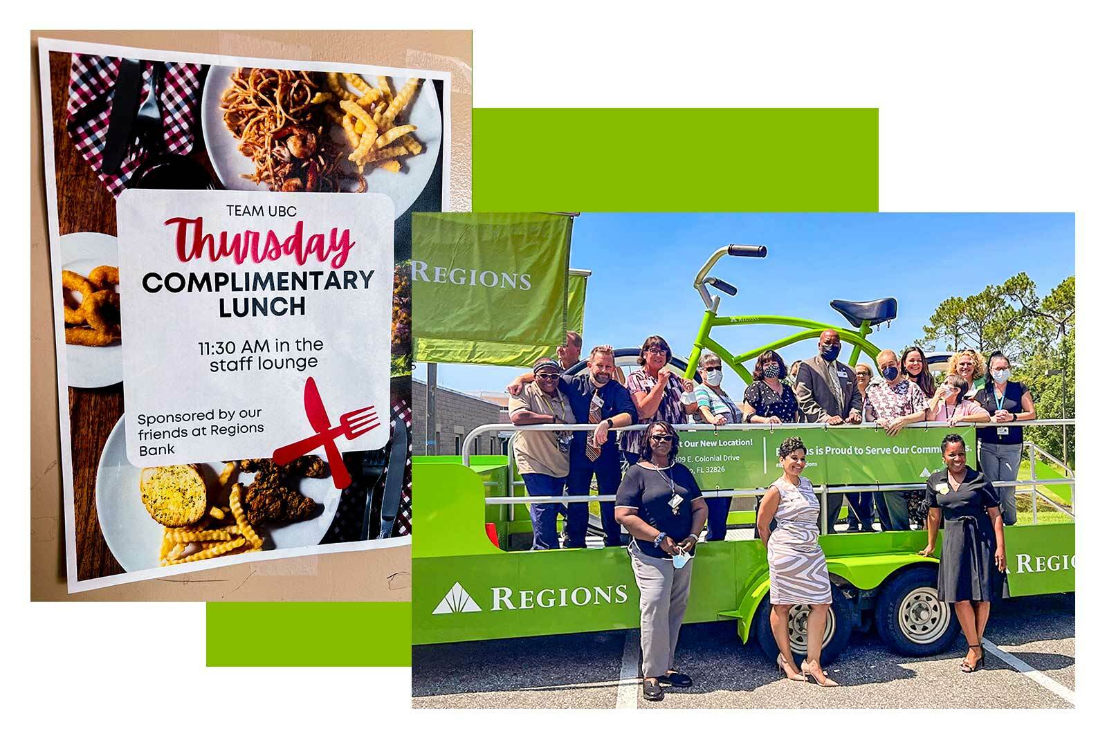 photos of flyer advertising appreciation event, and healthcare staff on Regions Big Bike
