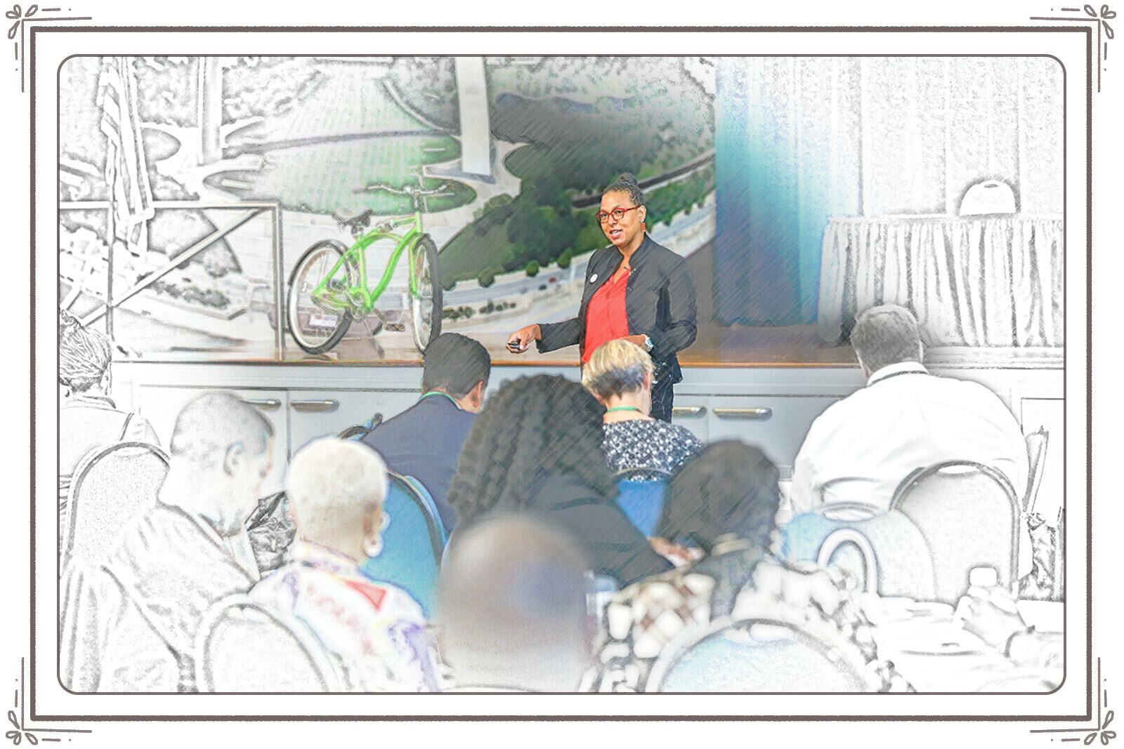 Photo of Susan Perkins edited to look like an unfinished watercolor illustration