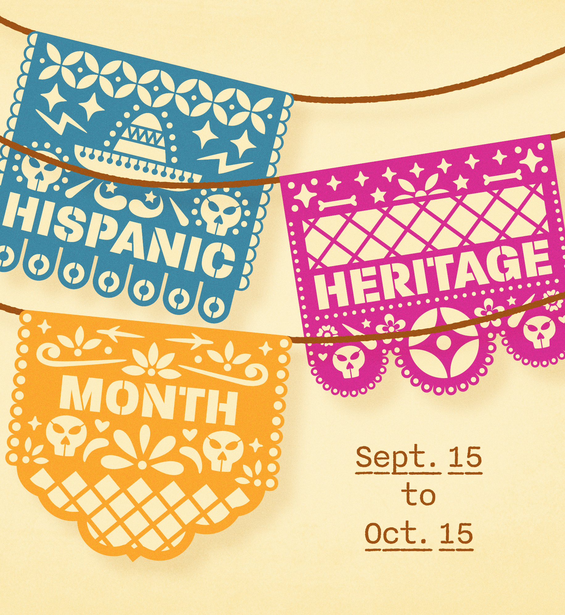Illustration of papel picado banners that read "Hispanic Heritage Month".