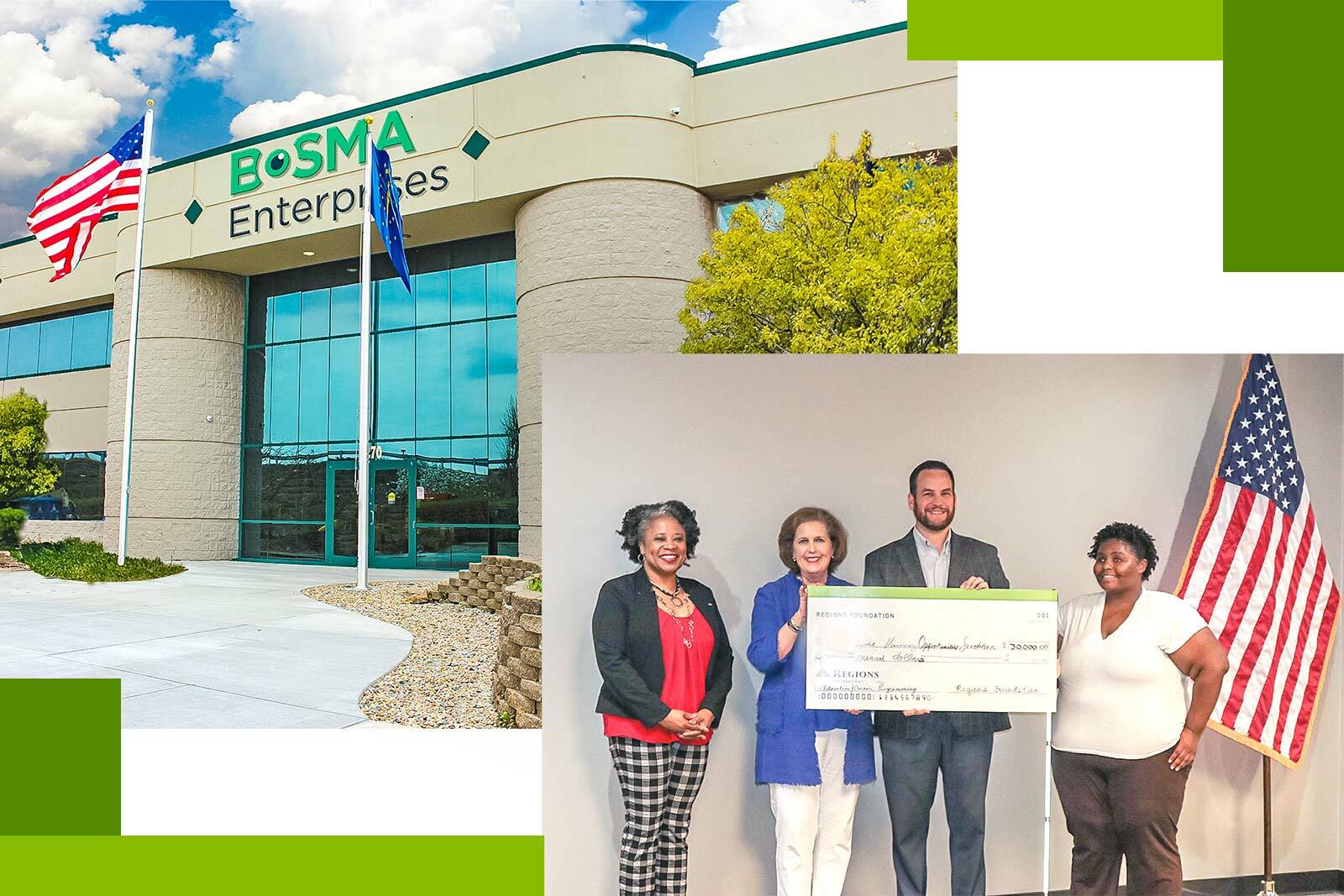 Photos of Bosma building and check presentation