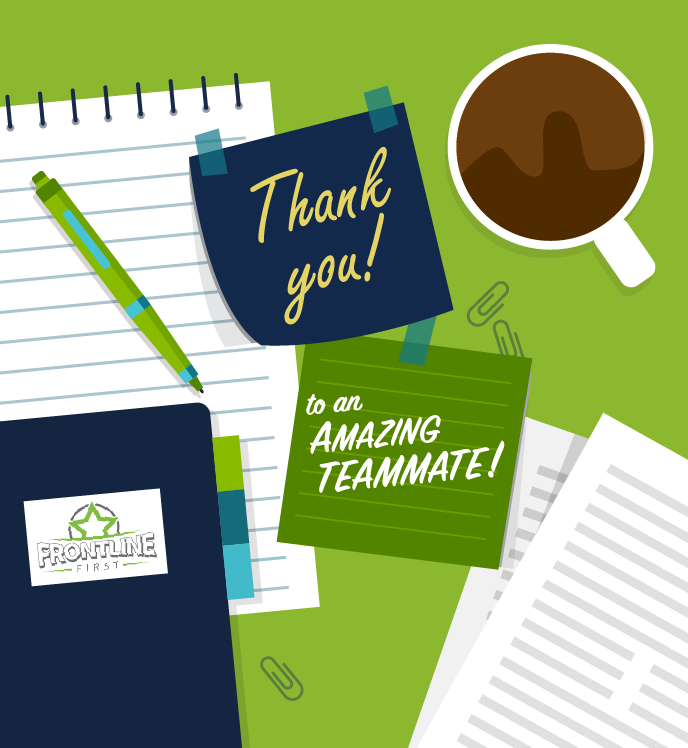 Illustration of desk items. Notes read "Thank you to an amazing teammate".