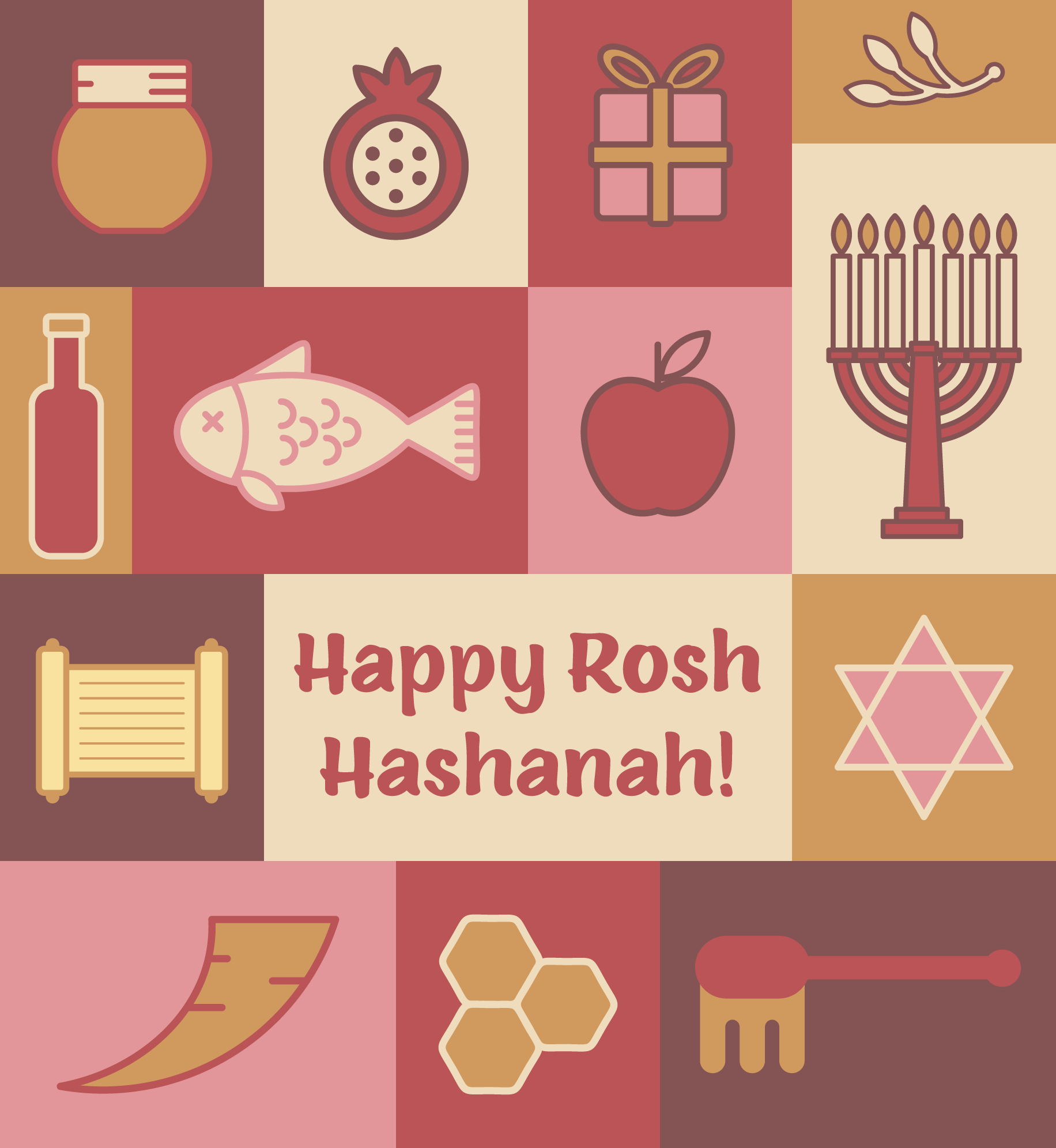 Collage of illustrations representing Rosh Hashanah. Text: Happy Rosh Hashanah.