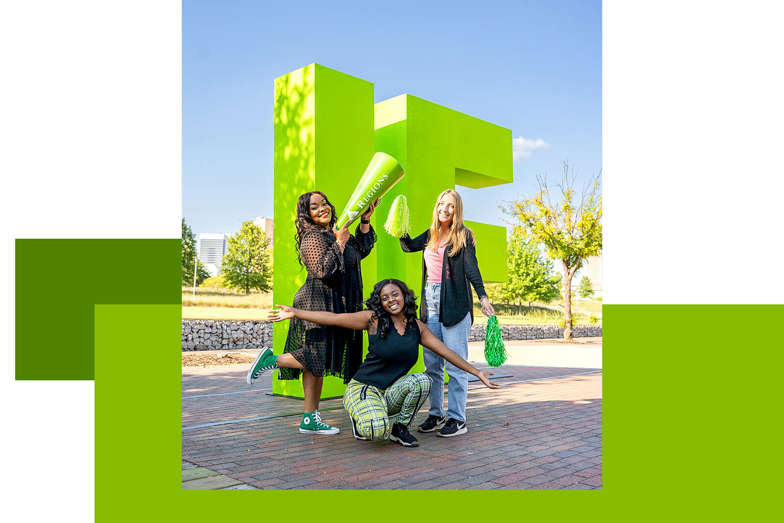 three women at Railroad Park in Birmingham Alabama