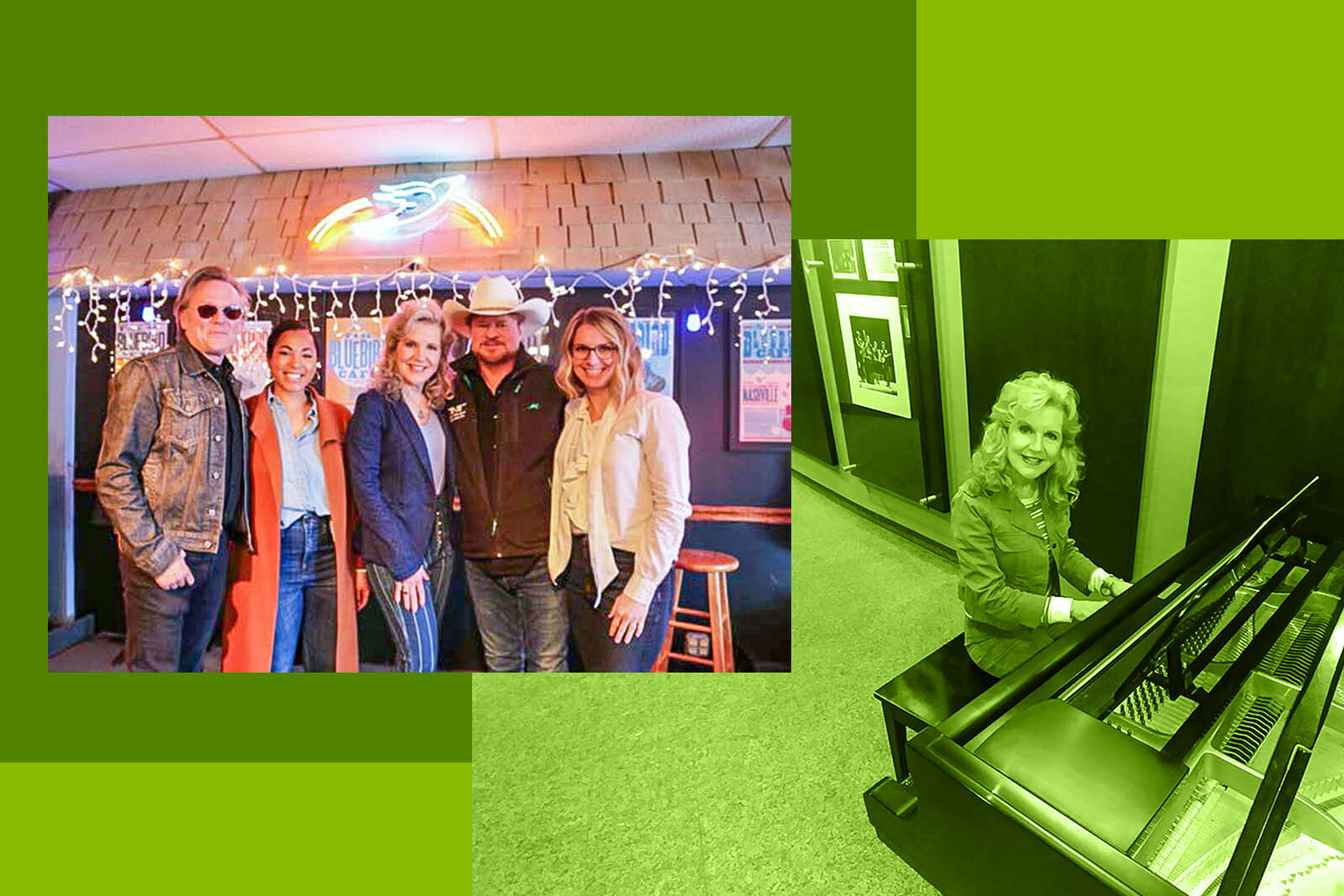 photos of a group of people and a woman seated...