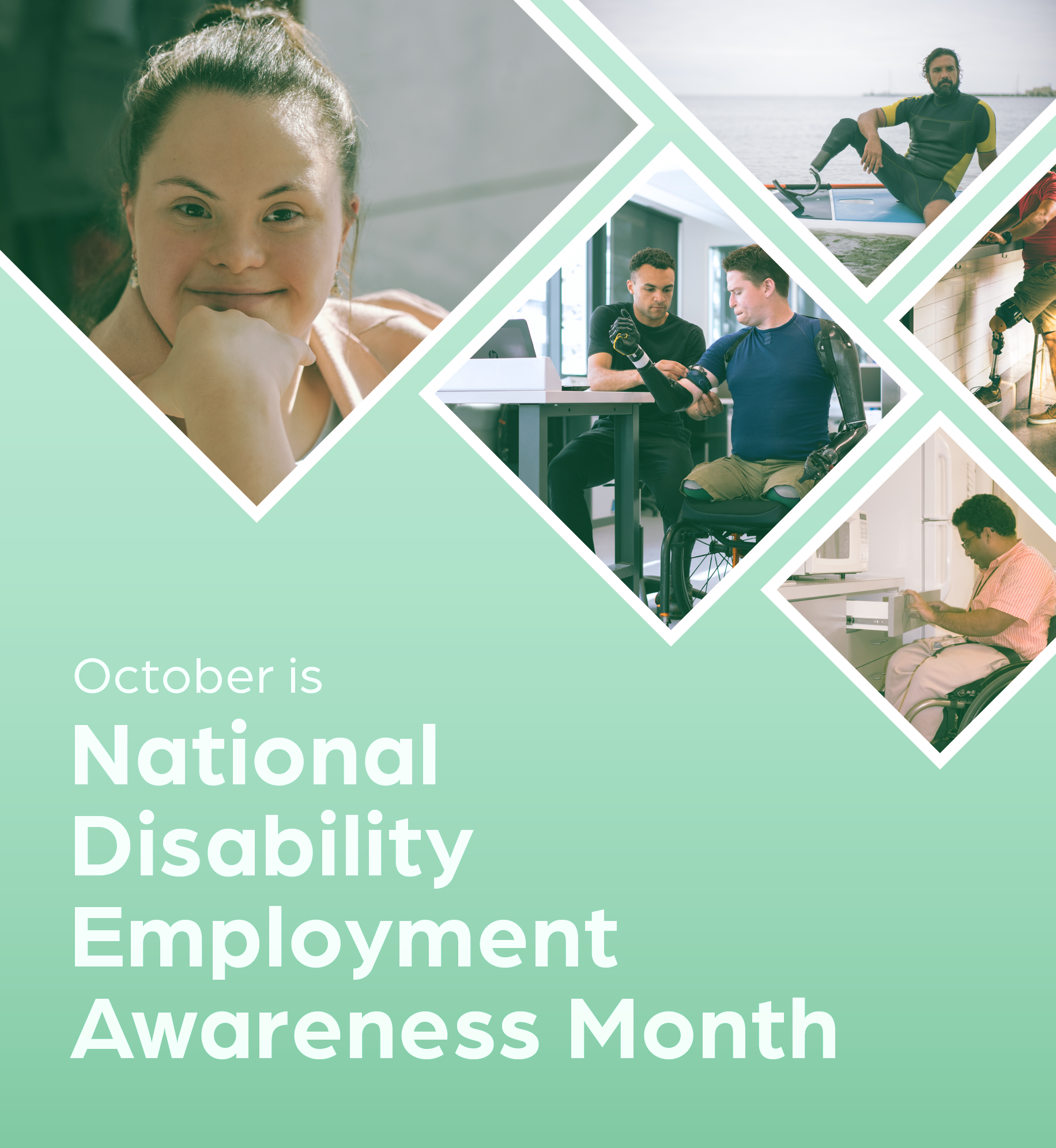 Collage of photographs representing disabilities. Text: October is National Disability Employment Awareness Month.