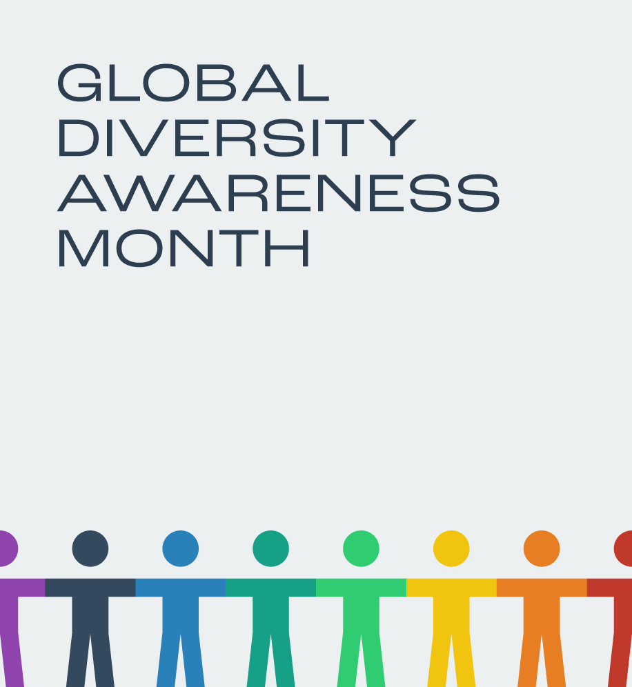 Colorful people icons in a row. Text: Global Diversity Awareness Month.