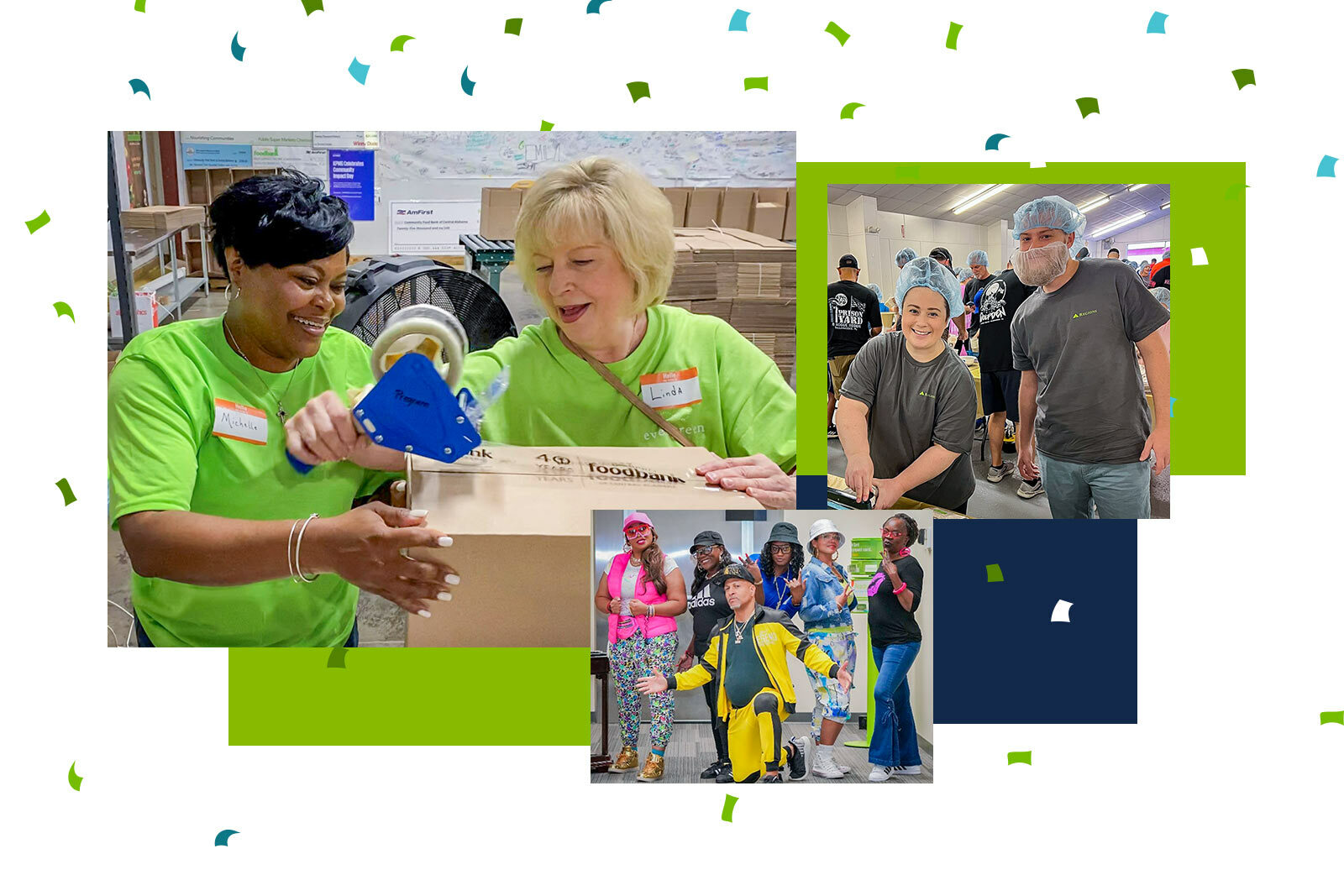 collage of evergreen images from branches with illustrated confetti in...