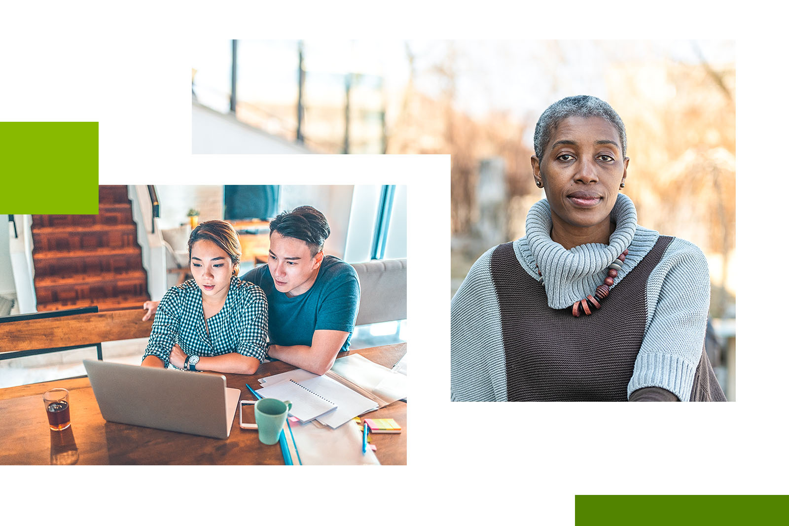 photos of an older woman outdoors and a young adult couple reviewing documents on a computer
