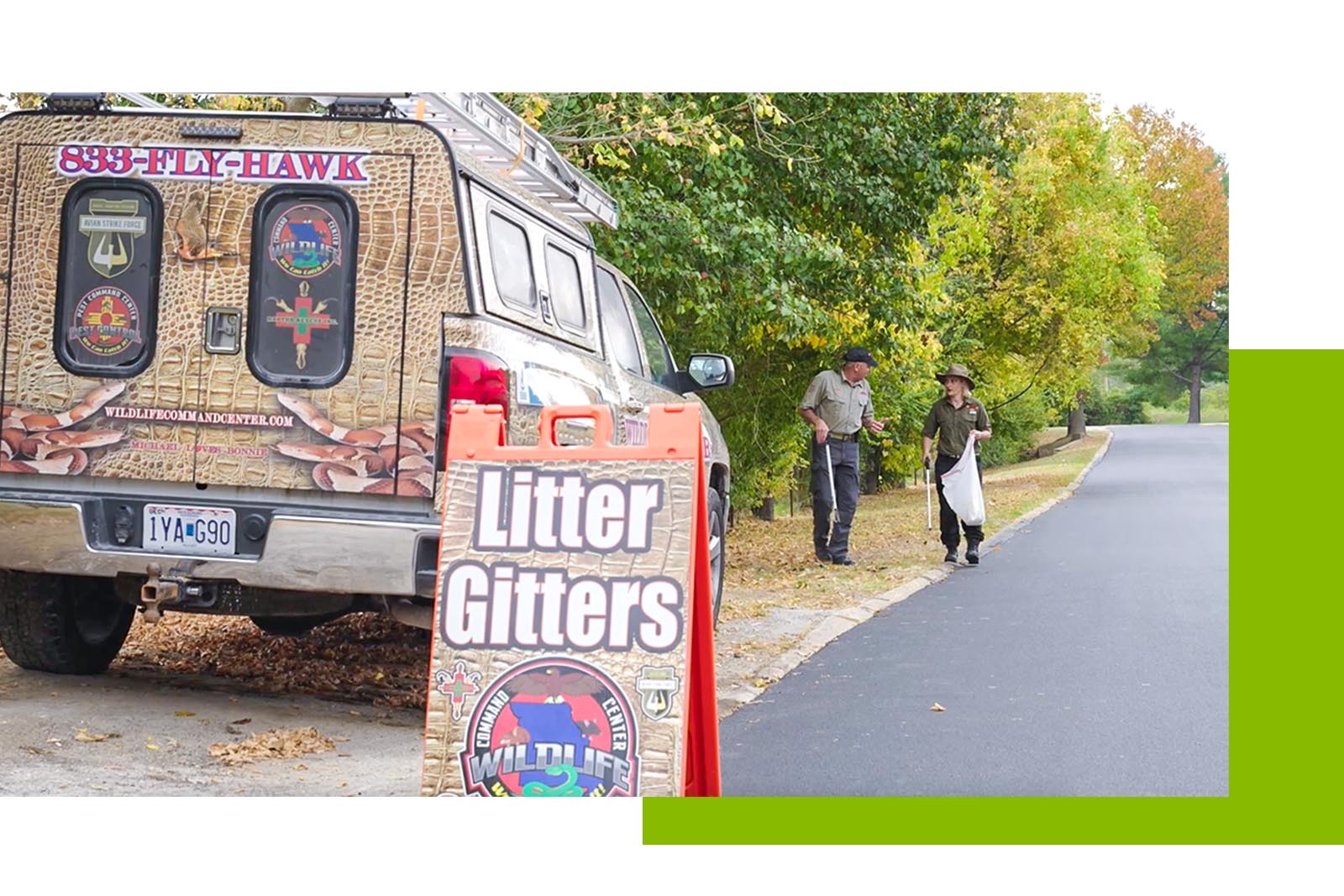 photo of Litter Gitters' van and employees picking up trash in the background
