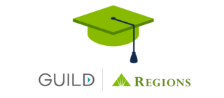 Illustration of a green graduation cap. Underneath the cap are the Guild and Regions logos.