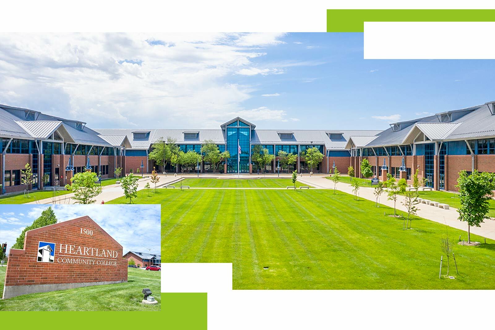 Photos of Hearland Community College campus and entrance sign