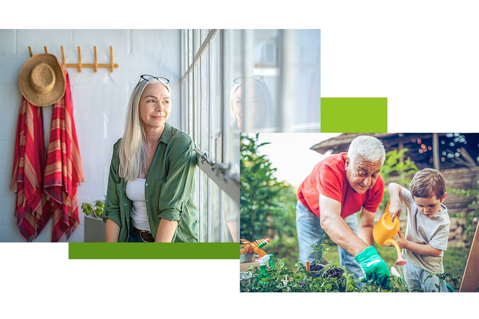 two photo collage. Left photo is an older woman sitting on a window seat and looking out the window. Right photo is an older man and his grandson working in the garden