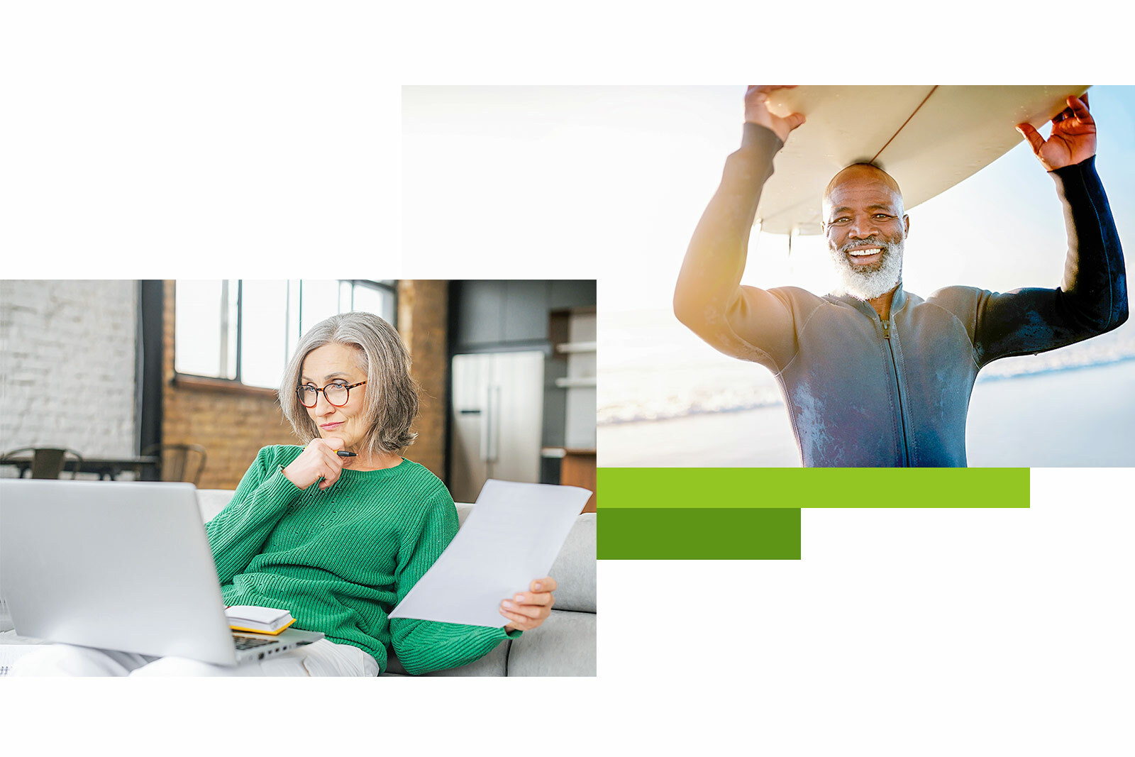 two photo collage. Left photo is an older woman sitting...