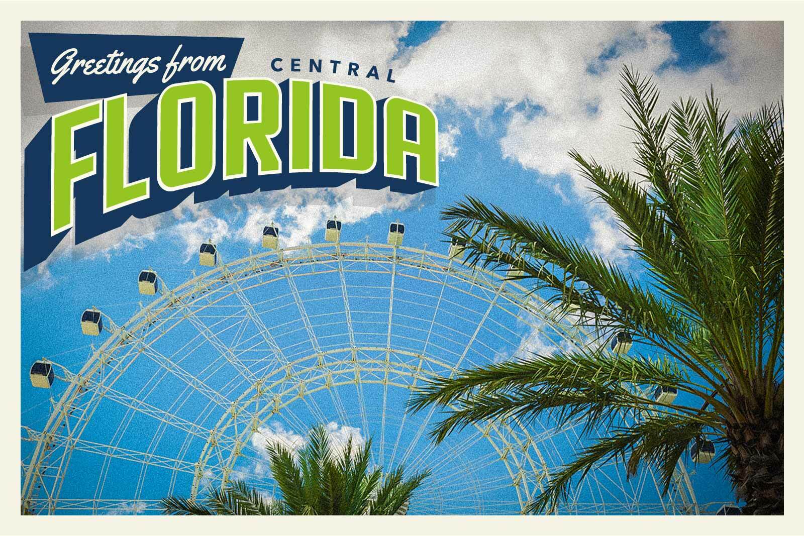 Vintage postcard style image of a ferris wheel and palm...