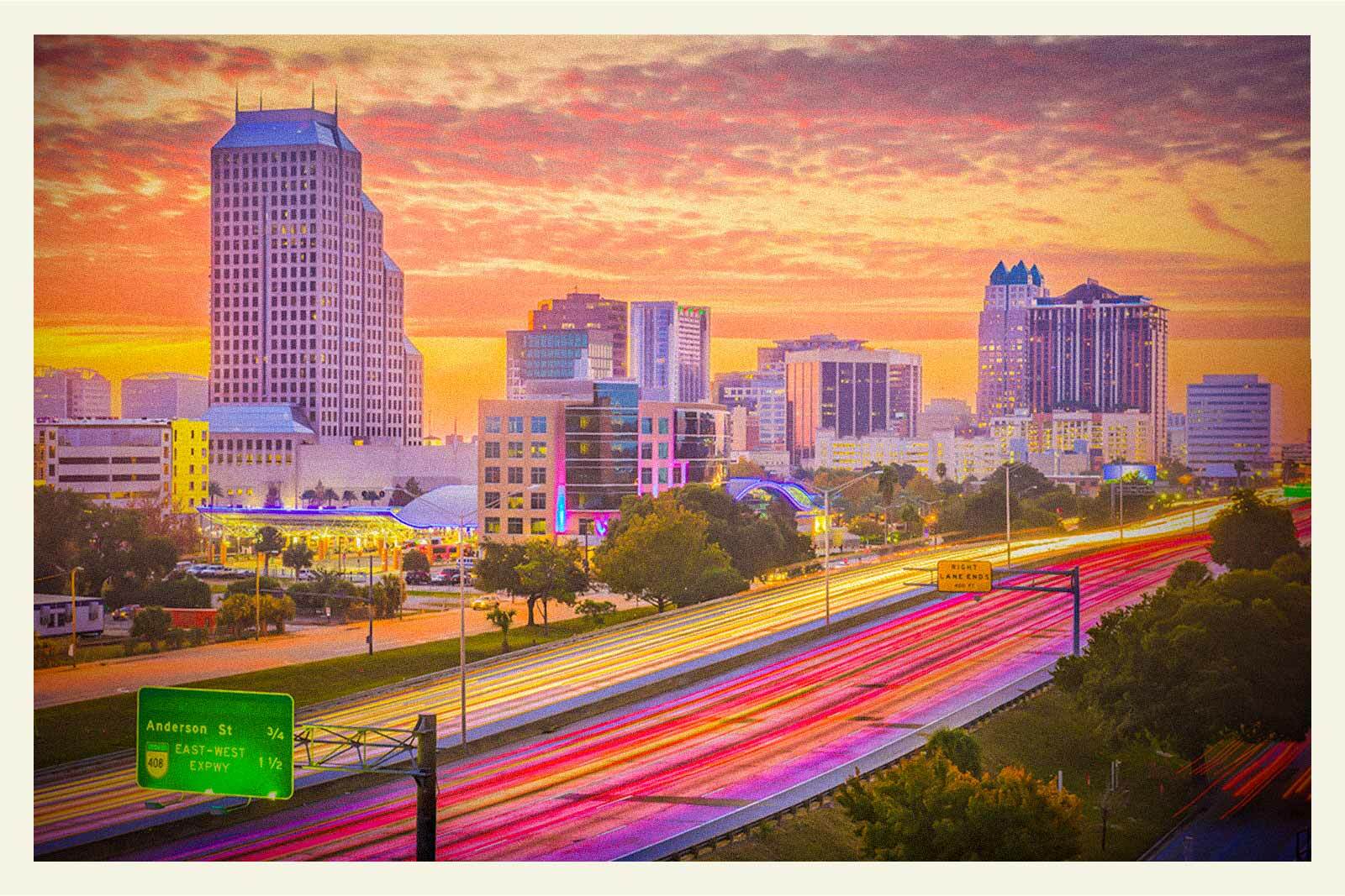 Vintage postcard style photograph of a Florida skyline