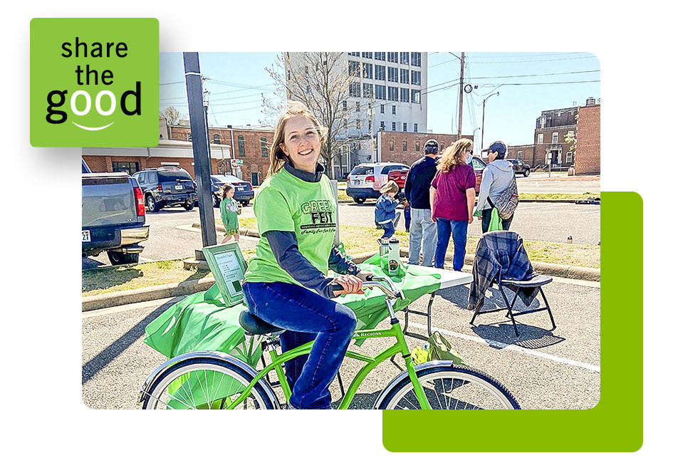 woman on regions green bike and share the good logo