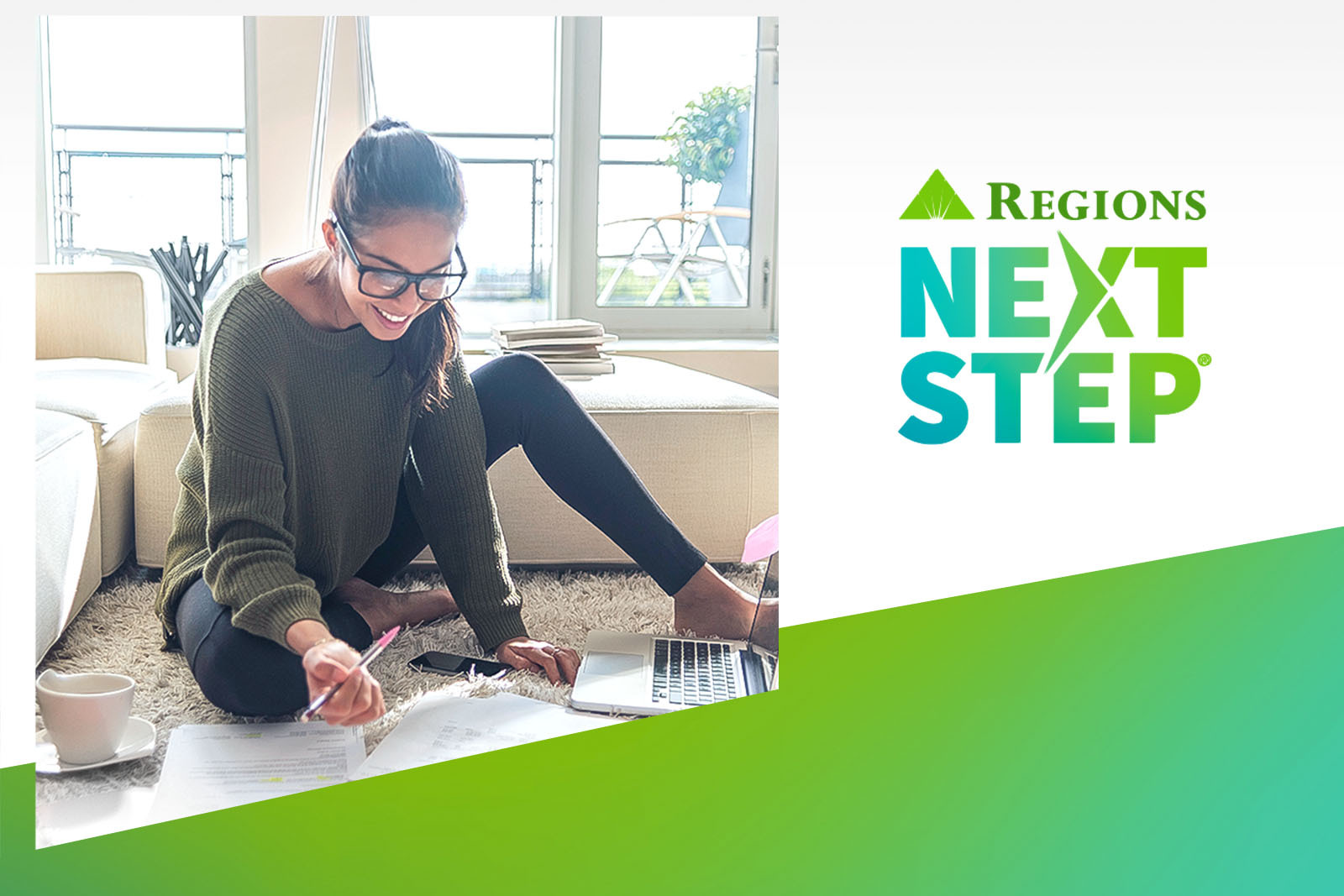 Next-Step logo and women on the floor with the computer