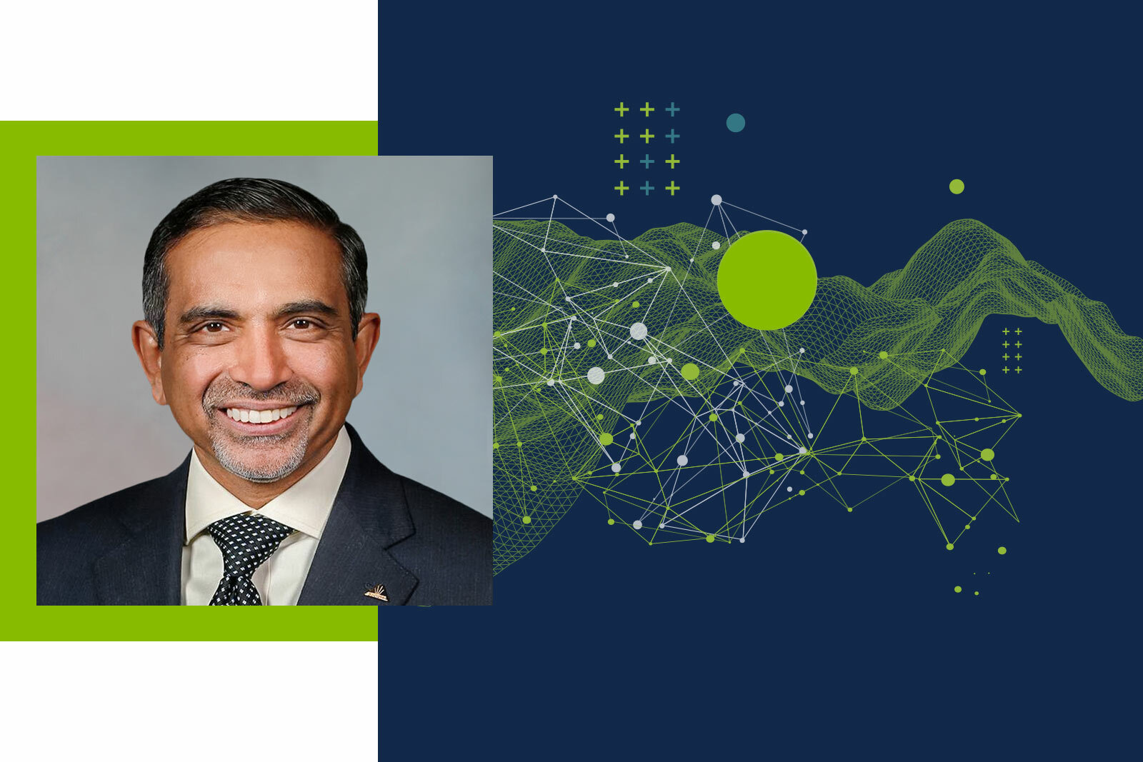 Manav Misra headshot and illustration of abstract data visualization