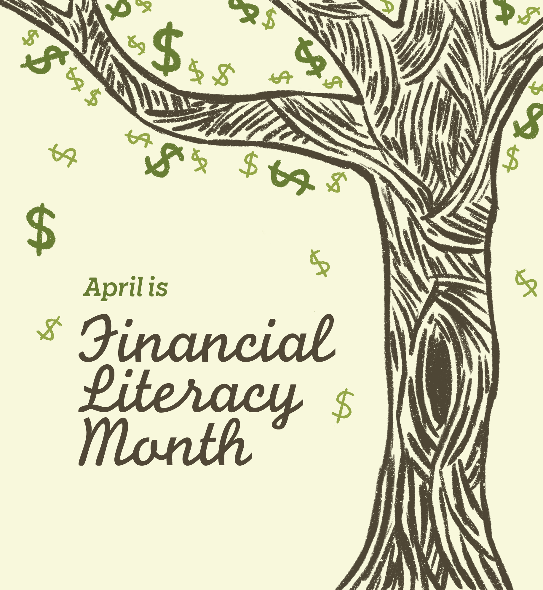 Illustration of tree with dollar signs falling like leaves. Text: April is Financial Literacy Month.