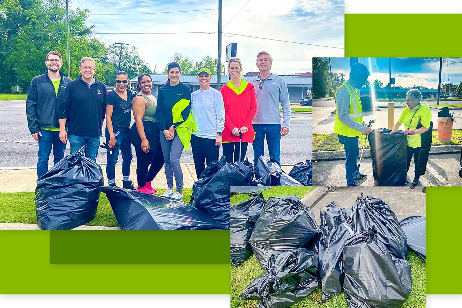 Baton rouge Group photo, trash pickup, and collected trash photos
