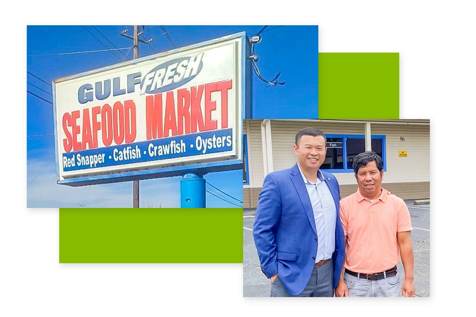 Collage - Gulf Seafood Market sign is the top left...