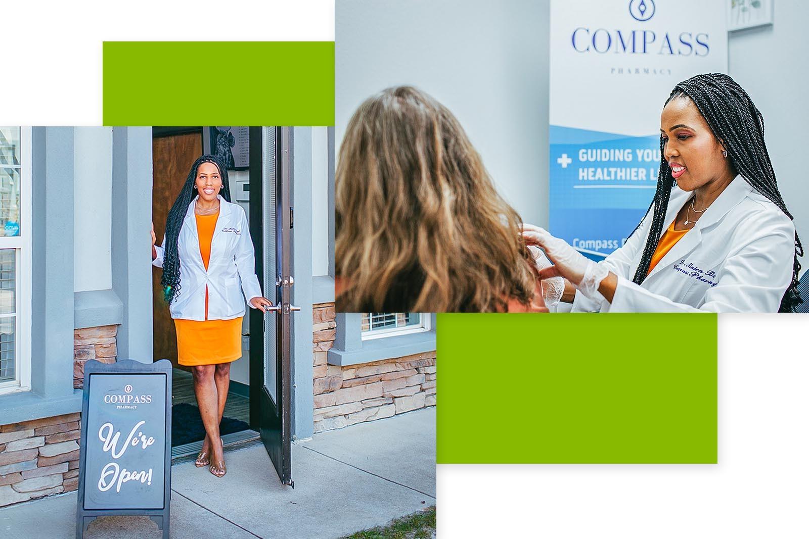 Two photos of Monica Boyd. The photo on the bottom right shows her standing at the open door of Compass pharmacy with a chalkboard sign with "We're Open" written in a script font. The top right photo shows Monica assisting a customer. Monica is toward the camera and the customer is facing away. 