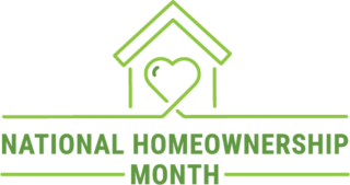National Homeownership Month logo. a line illustration of a simple house with a heart in the center. Text is stacked underneath
