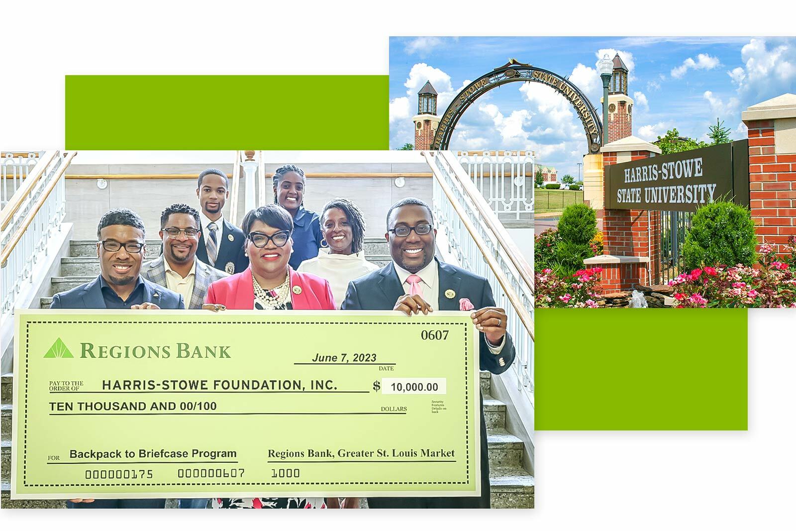 Photos of check presentation and entrance to the University