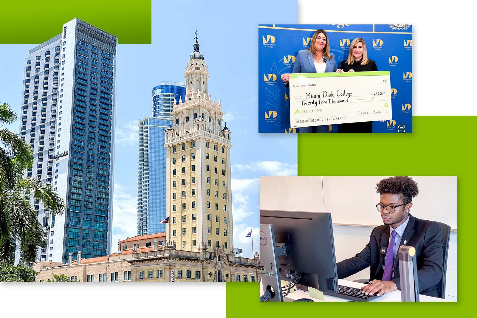 Collage from three images - Miami Colledge building college, two people holding the check, and a young man in front of the computer