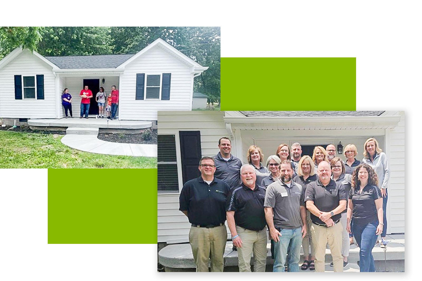 two photos. the top righ photo is a family standing on the porch of their home. The second photo is a group of regions associates in front of the home. 