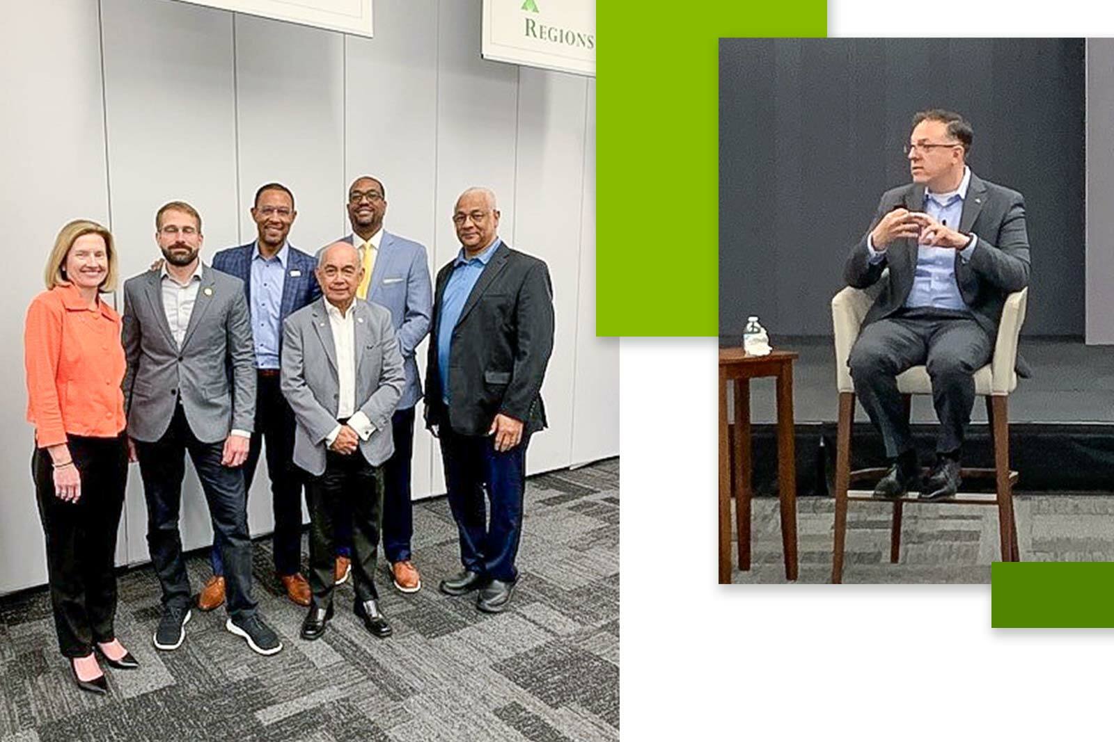 Collage with two images: a small group of people standing in front of the wall and posing for the picture, presenter sitting in the high chair 