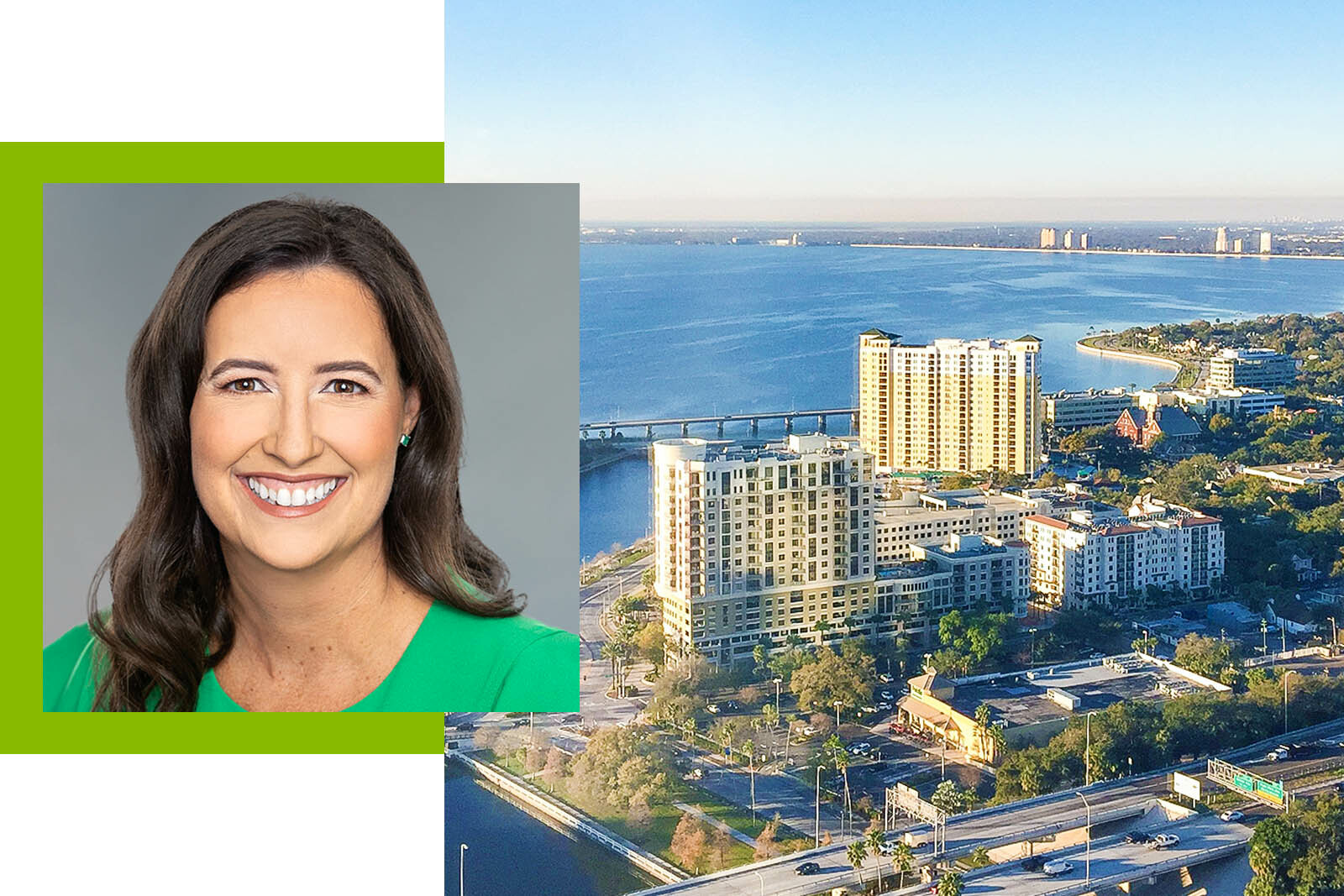 April Grajales headshot and city buildings and waterline of Tampa