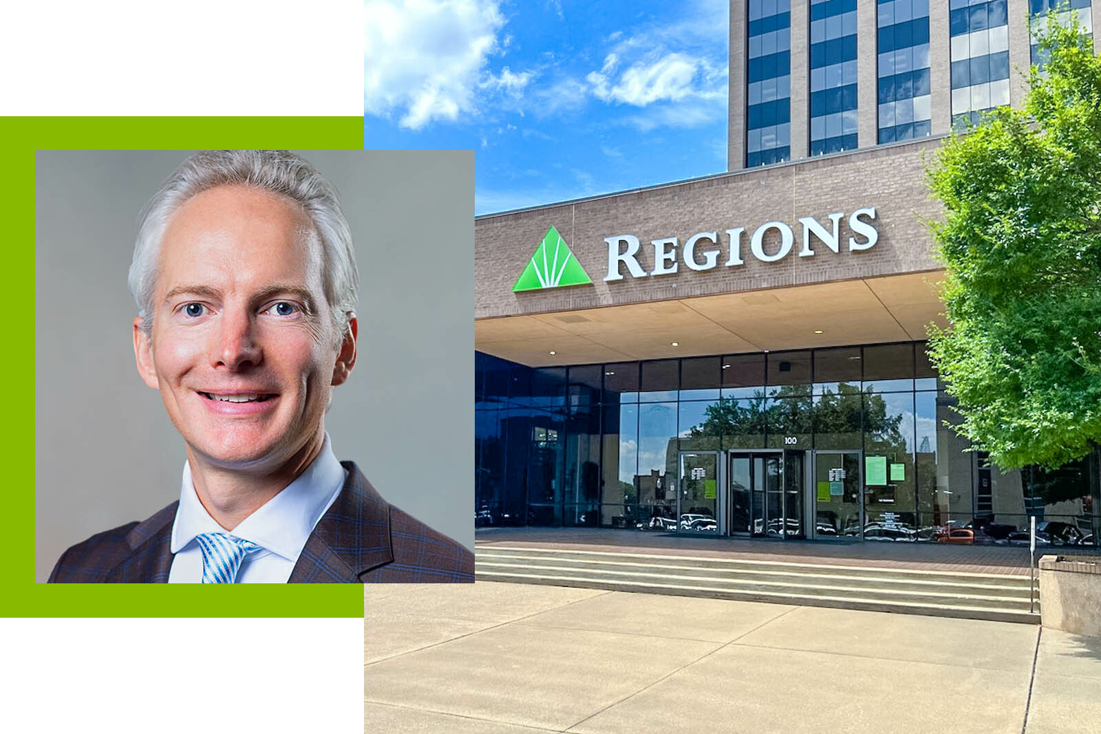Cameron Cooper's headshot and Regions Bank building in the background