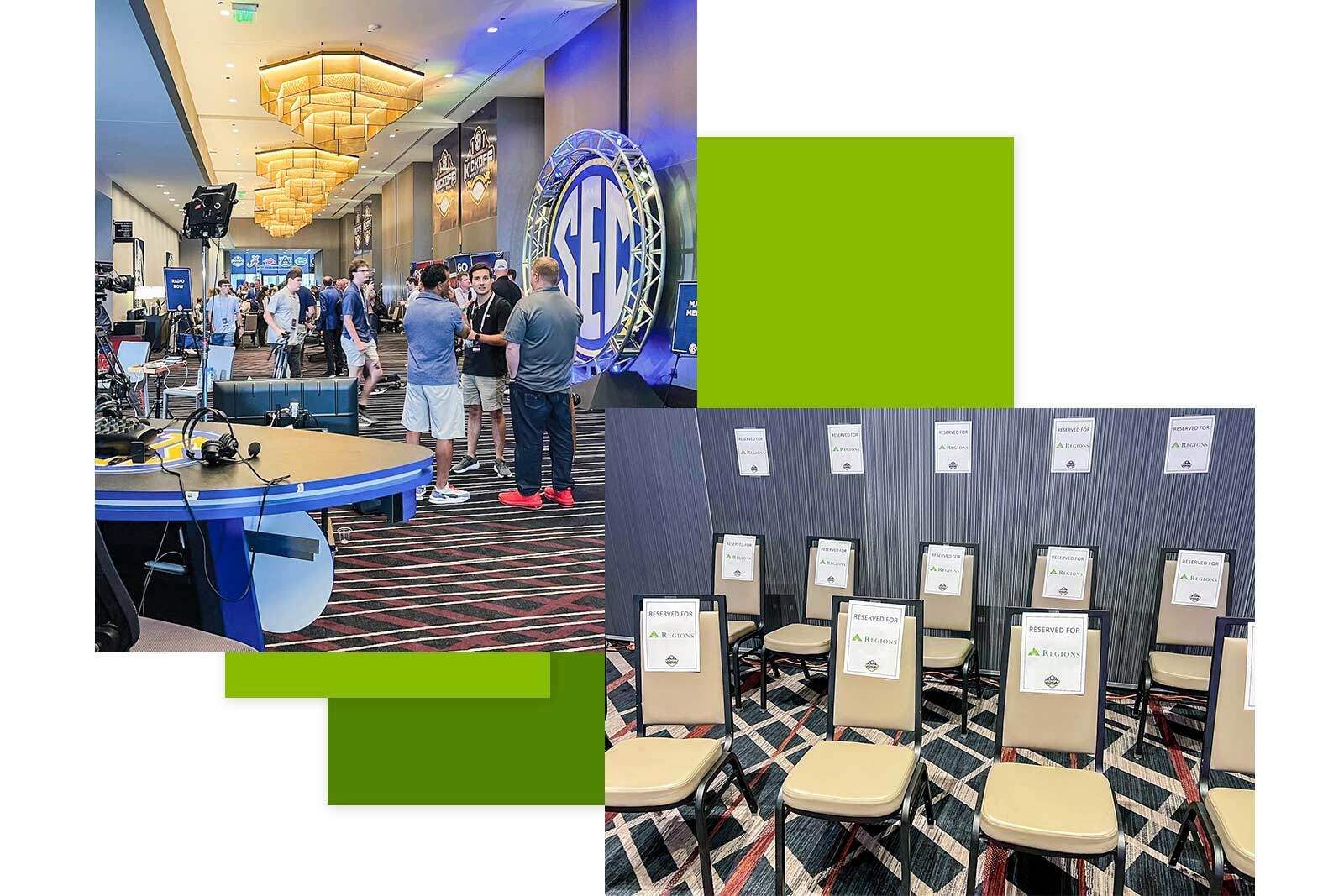 Collage, two images, one picture from the SEC Media Days event in Nashville on the left and empty chairs reserved for Regions Bank associates picture on the right