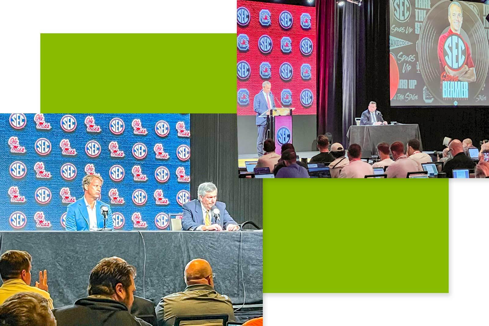 Lane Kiffin and Shane Beamer at the SEC event