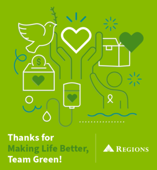 "Thanks for Making Life Better, Team Green" with icons representing different aspects of volunteering.